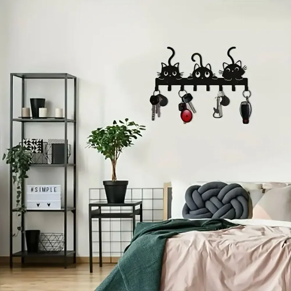 NWT Gorgeous 3 Black Cats Hanger Metalic 8 Hooks Wall Mount Key Holder Organizer